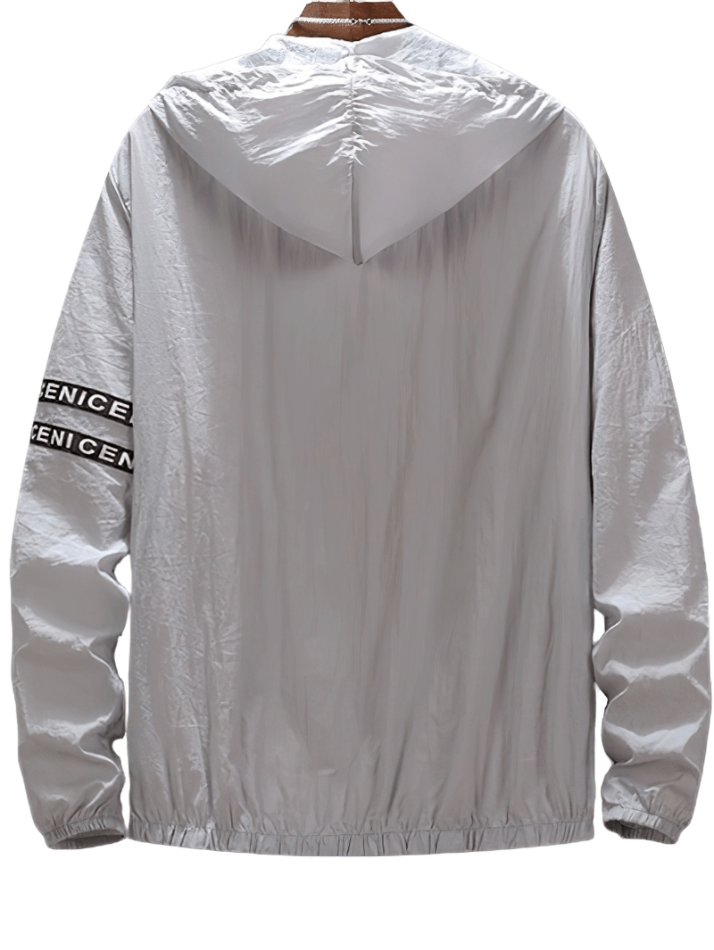 UV Sun Protection Ultra Light Hooded Windbreaker - light grey sports jacket, full-length sleeves, men's fashion, back view